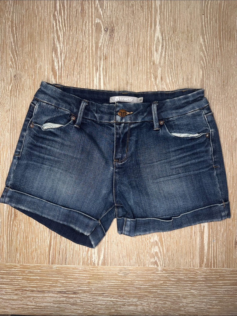 Tractr Girls Dark Blue Roll-Cuff Denim Shorts
